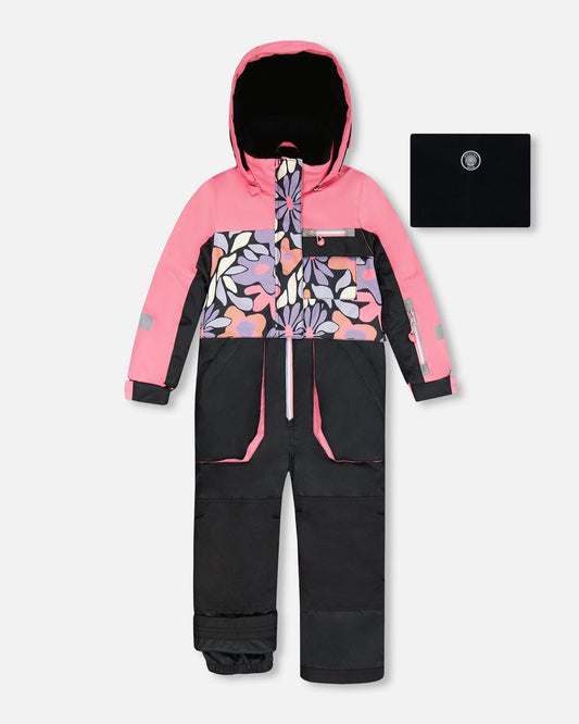 One-Piece Play Snowsuit Black Retro Flower Print-0