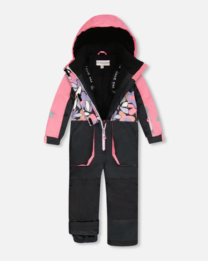 One-Piece Play Snowsuit Black Retro Flower Print-2