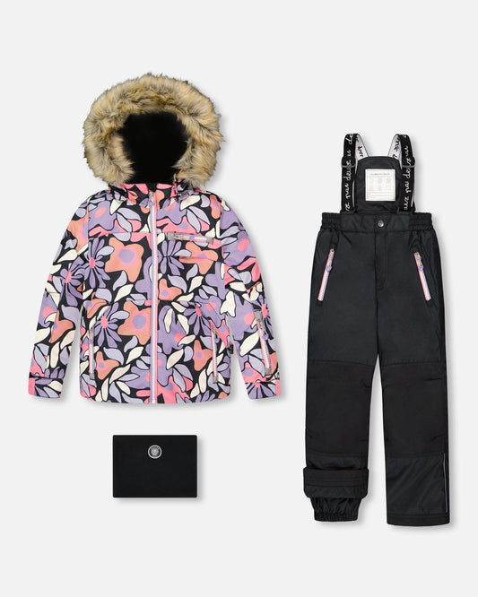 Two-Piece Play Snowsuit With Allover Print Jacket And Solid Pant Black-0