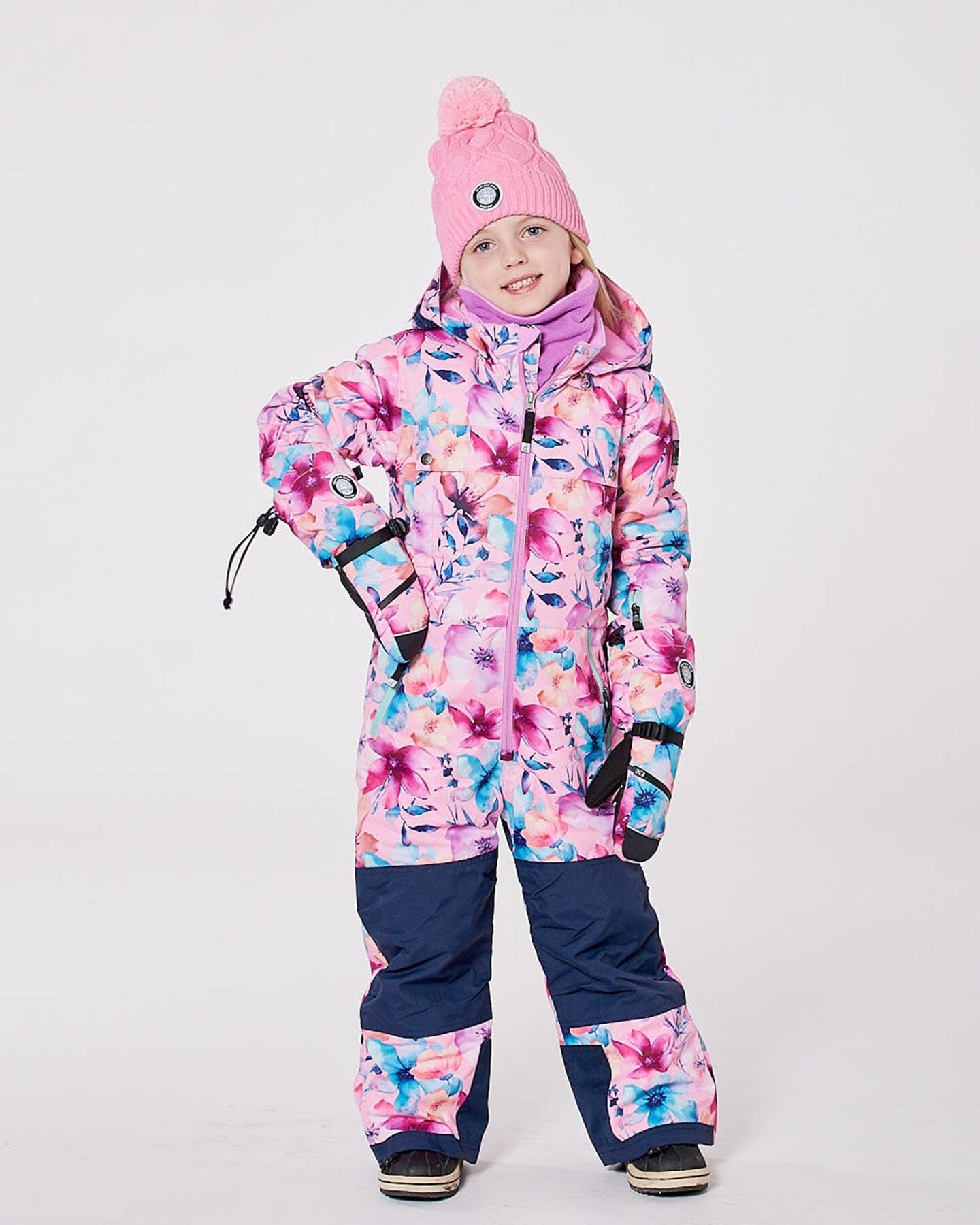 One-Piece Teknik Snowsuit Pink Watercolor Flower Print-1