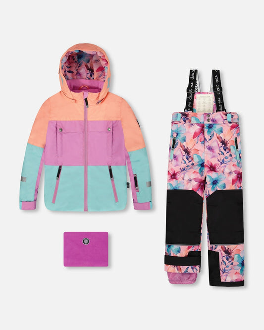 Two-Piece Teknik Snowsuit With Colorblocked Jacket Pink Watercolor Flower Print-0