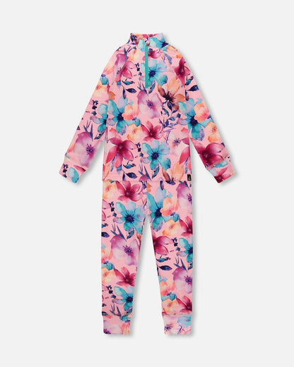 Two-Piece Thermal Underwear Set Pink Watercolor Flower Print-0
