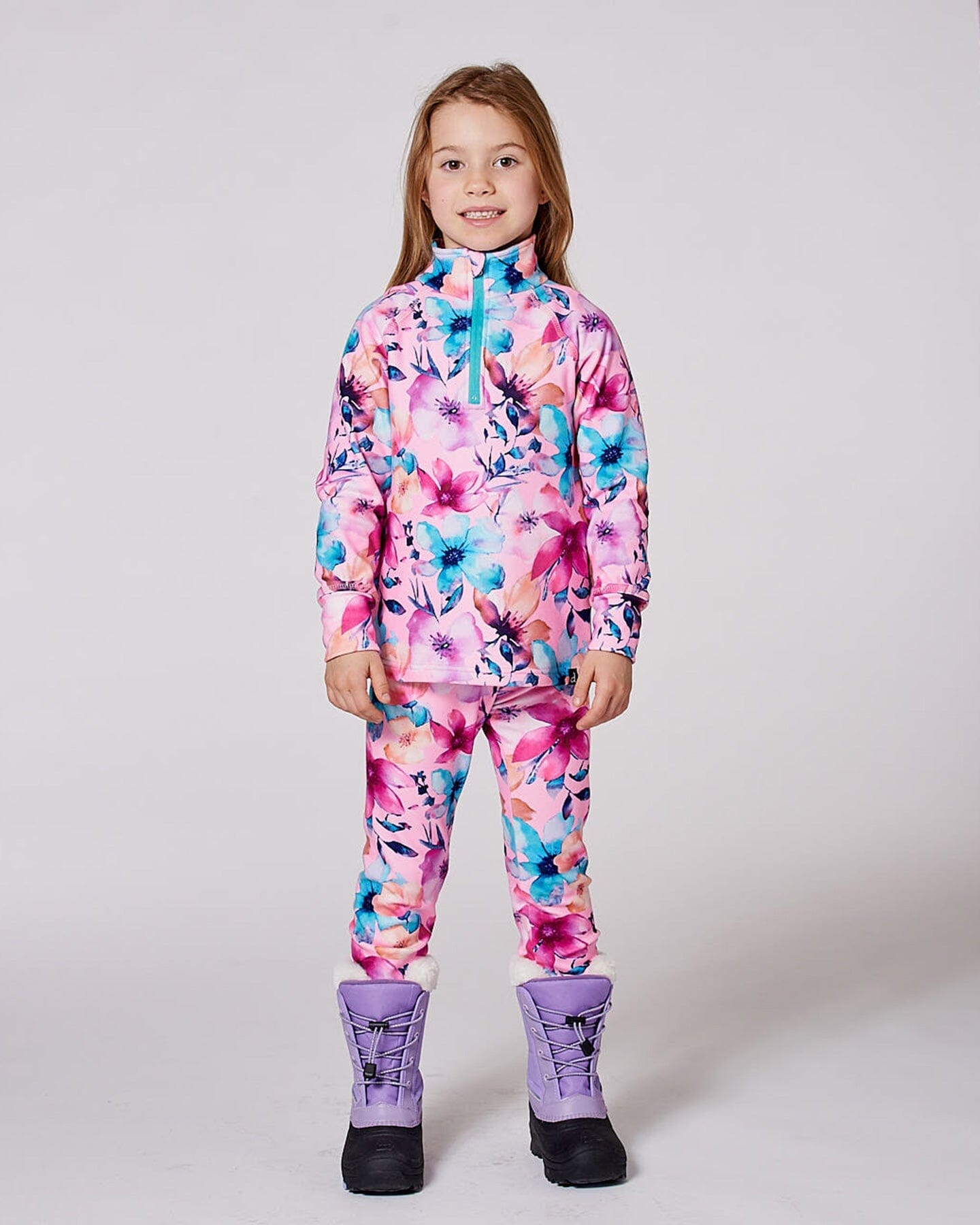 Two-Piece Thermal Underwear Set Pink Watercolor Flower Print-1