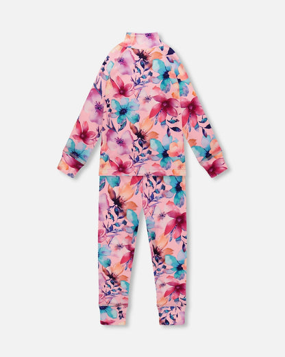 Two-Piece Thermal Underwear Set Pink Watercolor Flower Print-2
