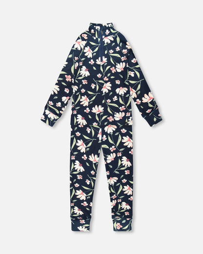 Two-Piece Thermal Underwear Set Navy Flower Print-0