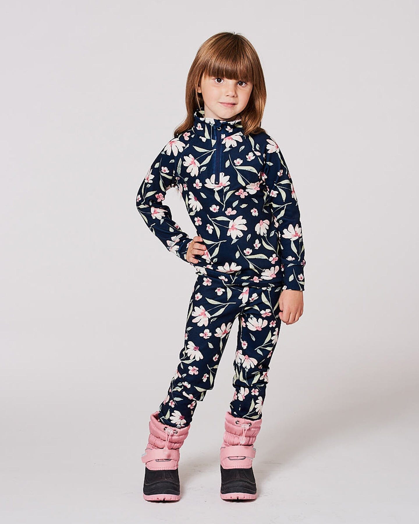 Two-Piece Thermal Underwear Set Navy Flower Print-1
