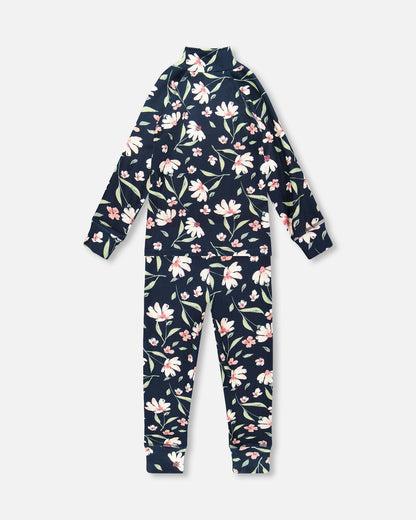Two-Piece Thermal Underwear Set Navy Flower Print-2