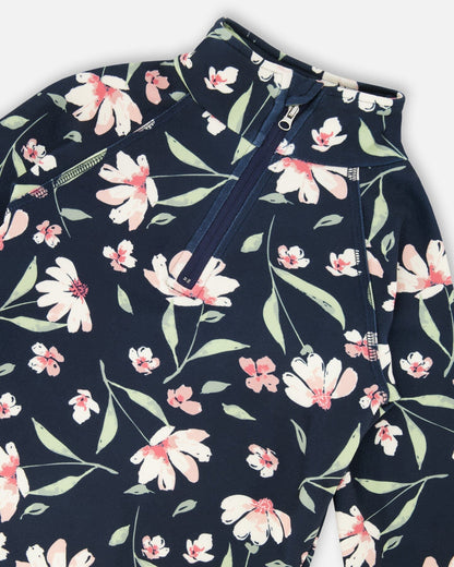 Two-Piece Thermal Underwear Set Navy Flower Print-3