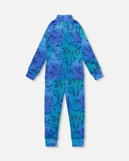 Two-Piece Thermal Underwear Set Blue Gradient Dinosaur Print-2
