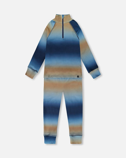 Two-Piece Thermal Underwear Set Blue And Beige Gradient-0