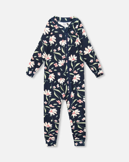 One-Piece Thermal Underwear Navy Flower Print-0