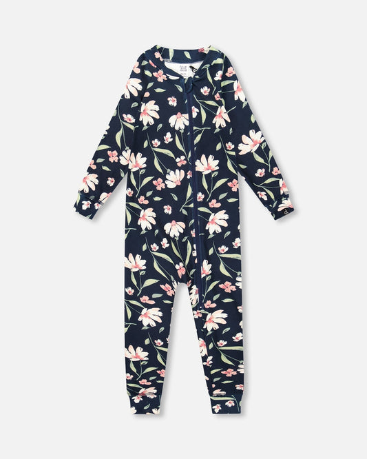One-Piece Thermal Underwear Navy Flower Print-0