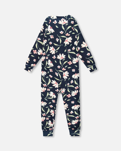 One-Piece Thermal Underwear Navy Flower Print-2