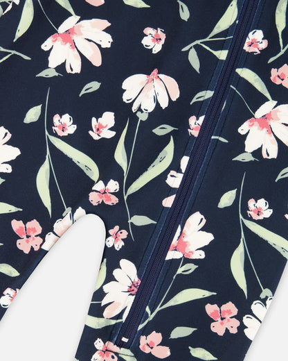 One-Piece Thermal Underwear Navy Flower Print-3