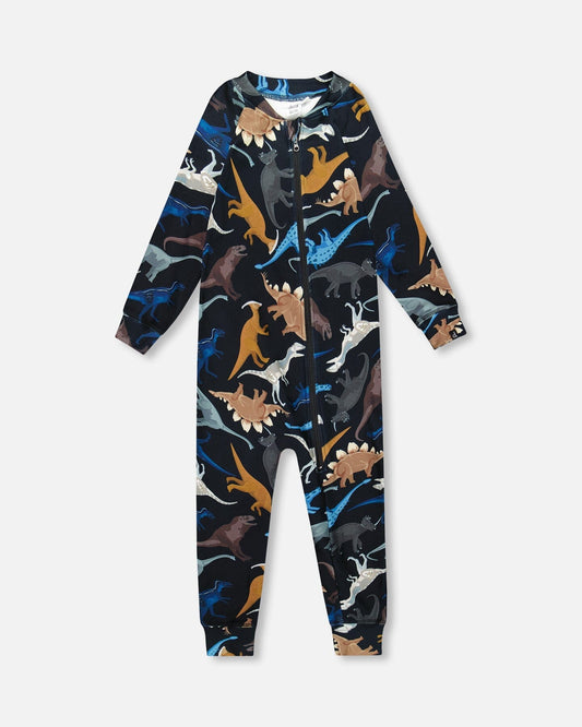 One-Piece Thermal Underwear Black Dinosaur Print-0