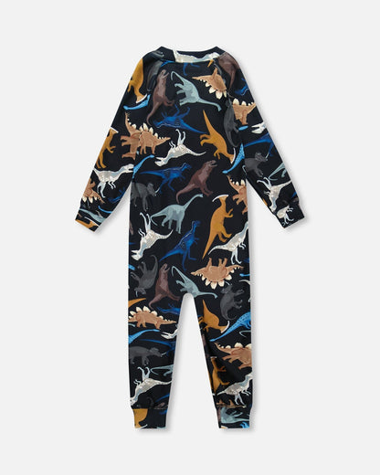 One-Piece Thermal Underwear Black Dinosaur Print-2