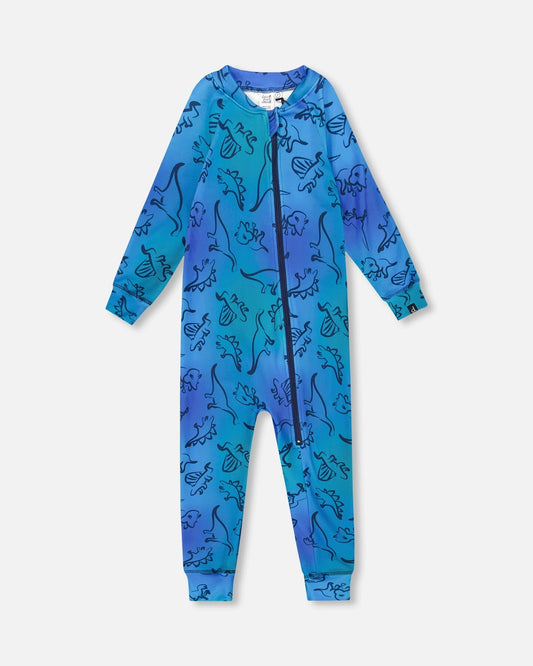 One-Piece Thermal Underwear Blue Gradient Dinosaur Print-0