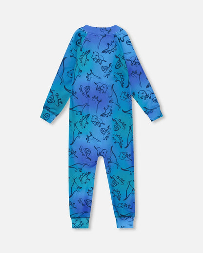 One-Piece Thermal Underwear Blue Gradient Dinosaur Print-2