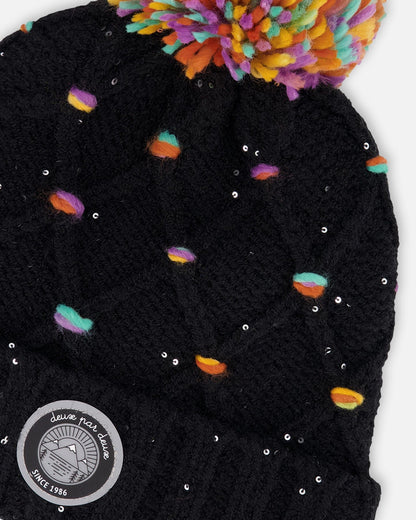 Lined Knit Pompom Hat Black And Multicolor With Little Sequins-4