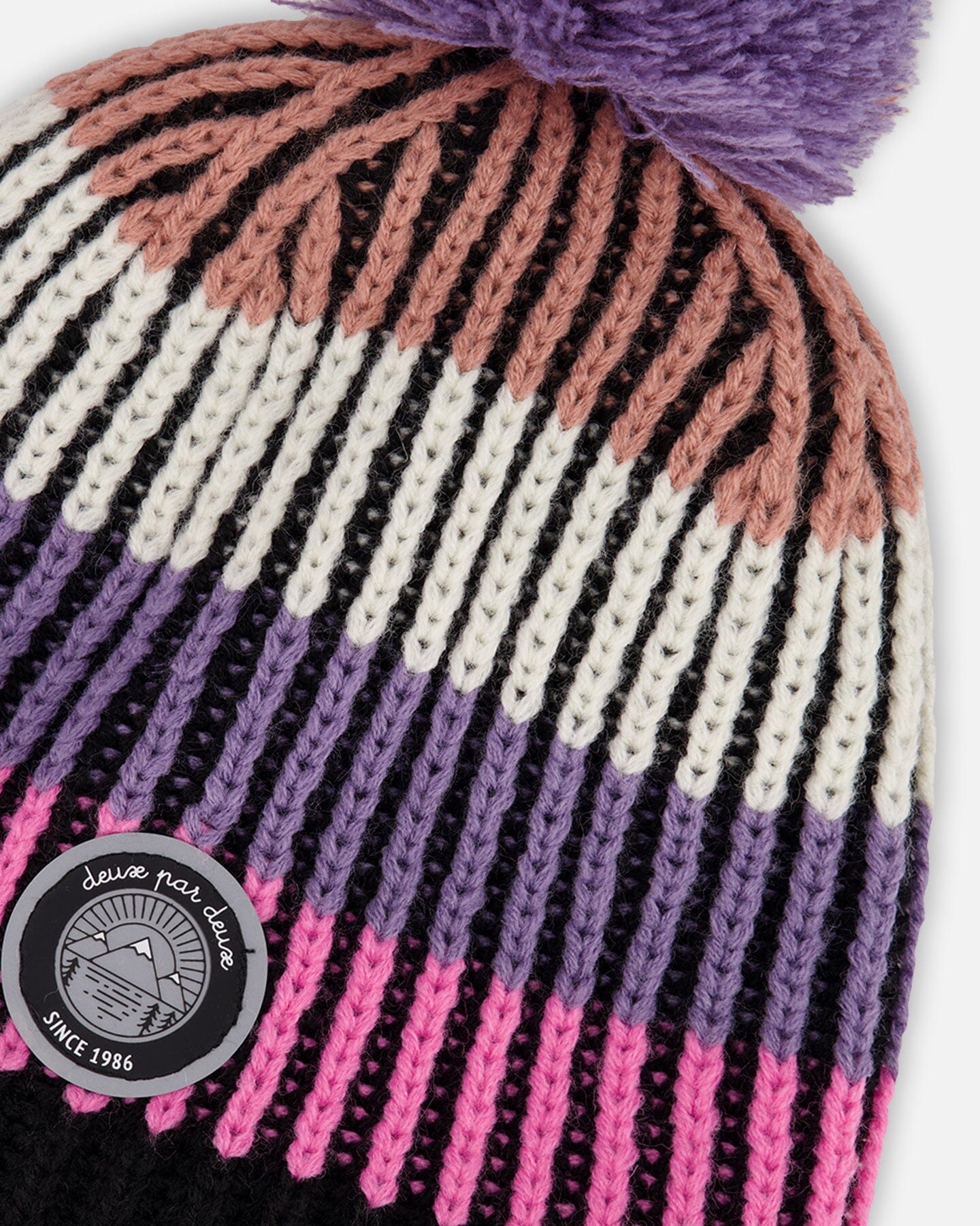 Lined Knit Pompom Hat Pink And Purple And Black-3