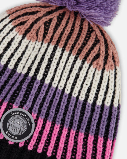 Lined Knit Pompom Hat Pink And Purple And Black-3