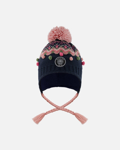 Lined Peruvian Knit Pompom Hat Navy Blue And Pink-0