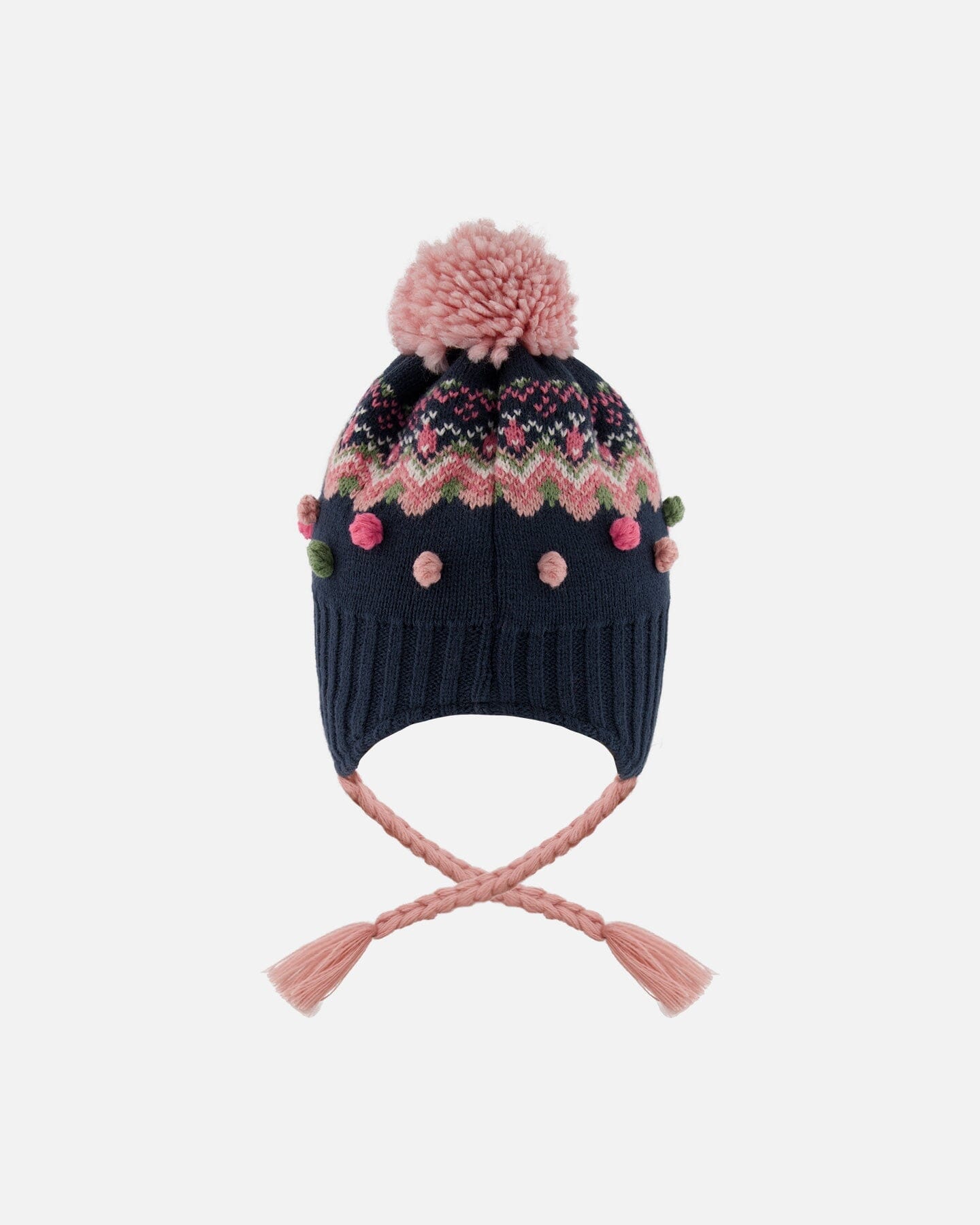 Lined Peruvian Knit Pompom Hat Navy Blue And Pink-2