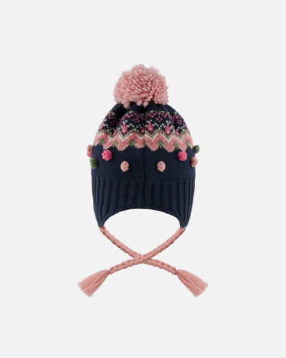 Lined Peruvian Knit Pompom Hat Navy Blue And Pink-2