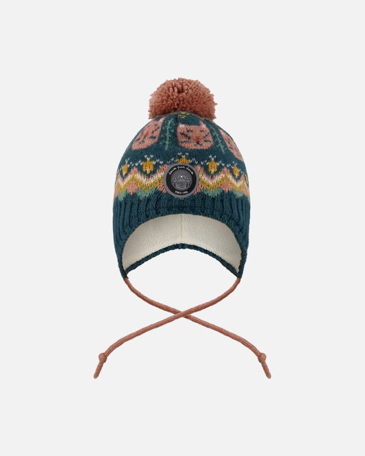 Lined Peruvian Knit Pompom Hat Green And Pink-0