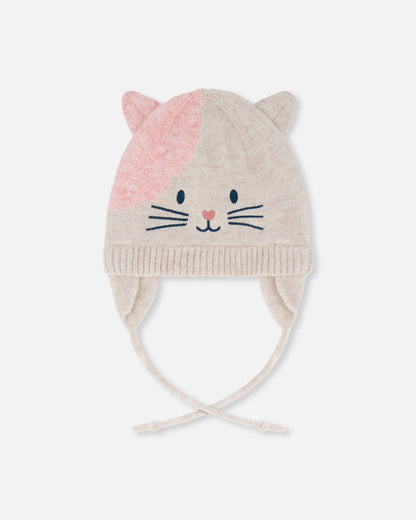 Lined Knit Hat With Ears Off-White And Pink-0