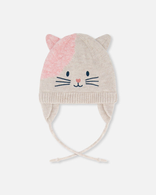 Lined Knit Hat With Ears Off-White And Pink-0