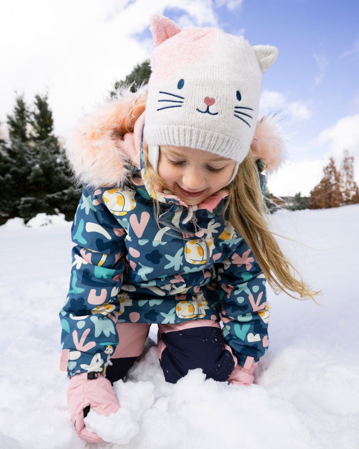 Lined Knit Hat With Ears Off-White And Pink-1