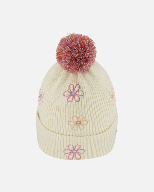 Lined Knit Pompom Hat Off-White And Pink-1
