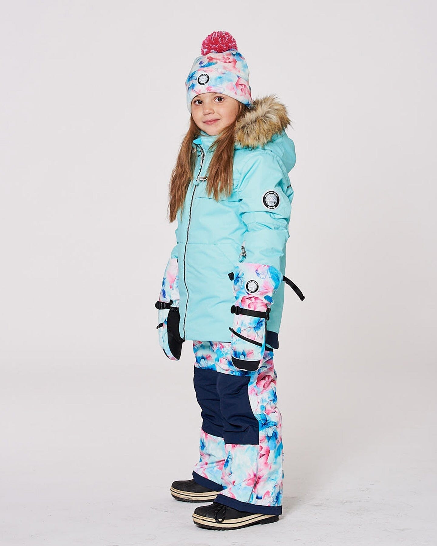 Lined Knit Pompom Hat Blue Flower Print-1