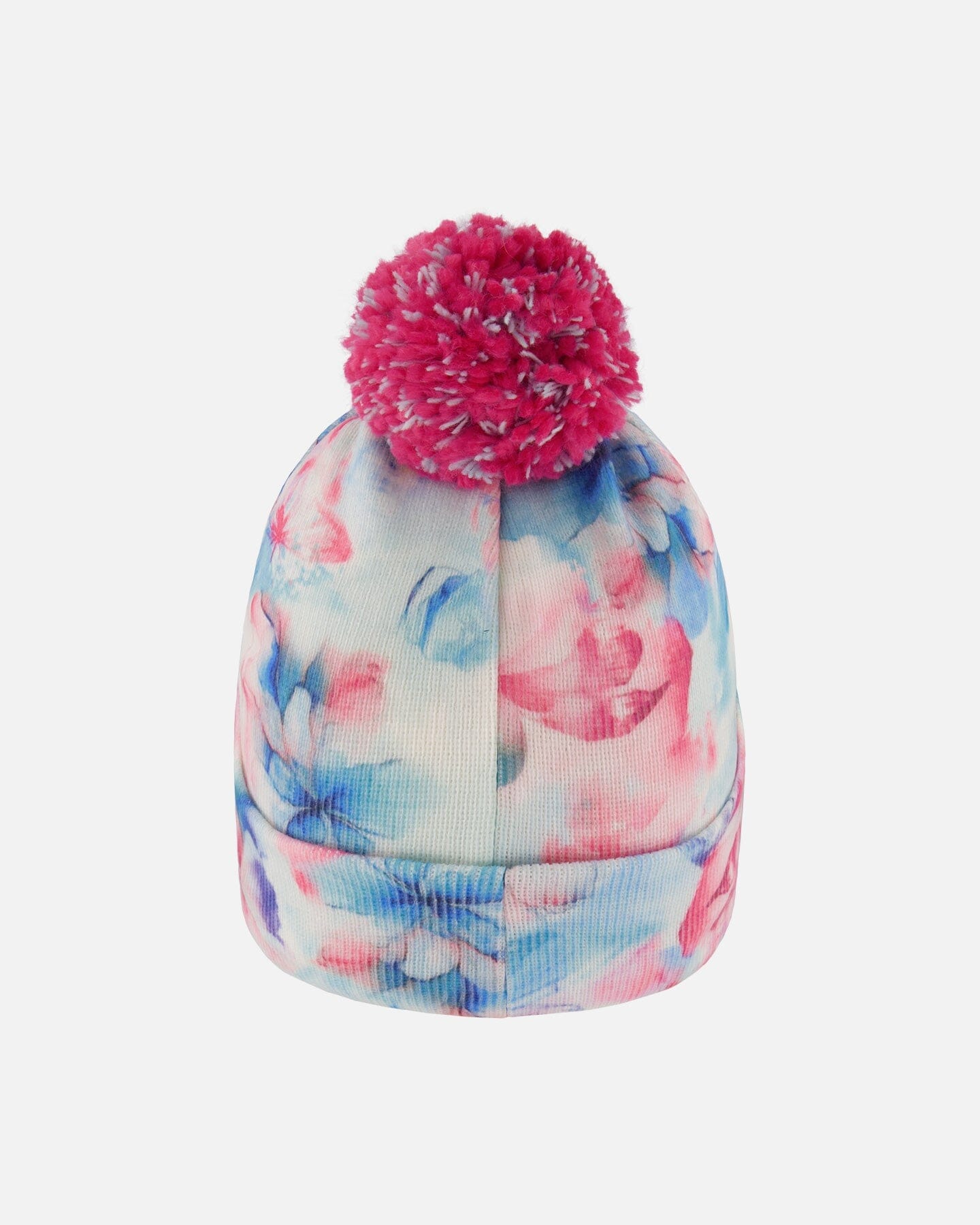 Lined Knit Pompom Hat Blue Flower Print-2