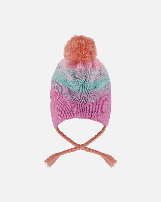 Lined Peruvian Knit Pompom Hat Pink, Orange And Turquoise-1