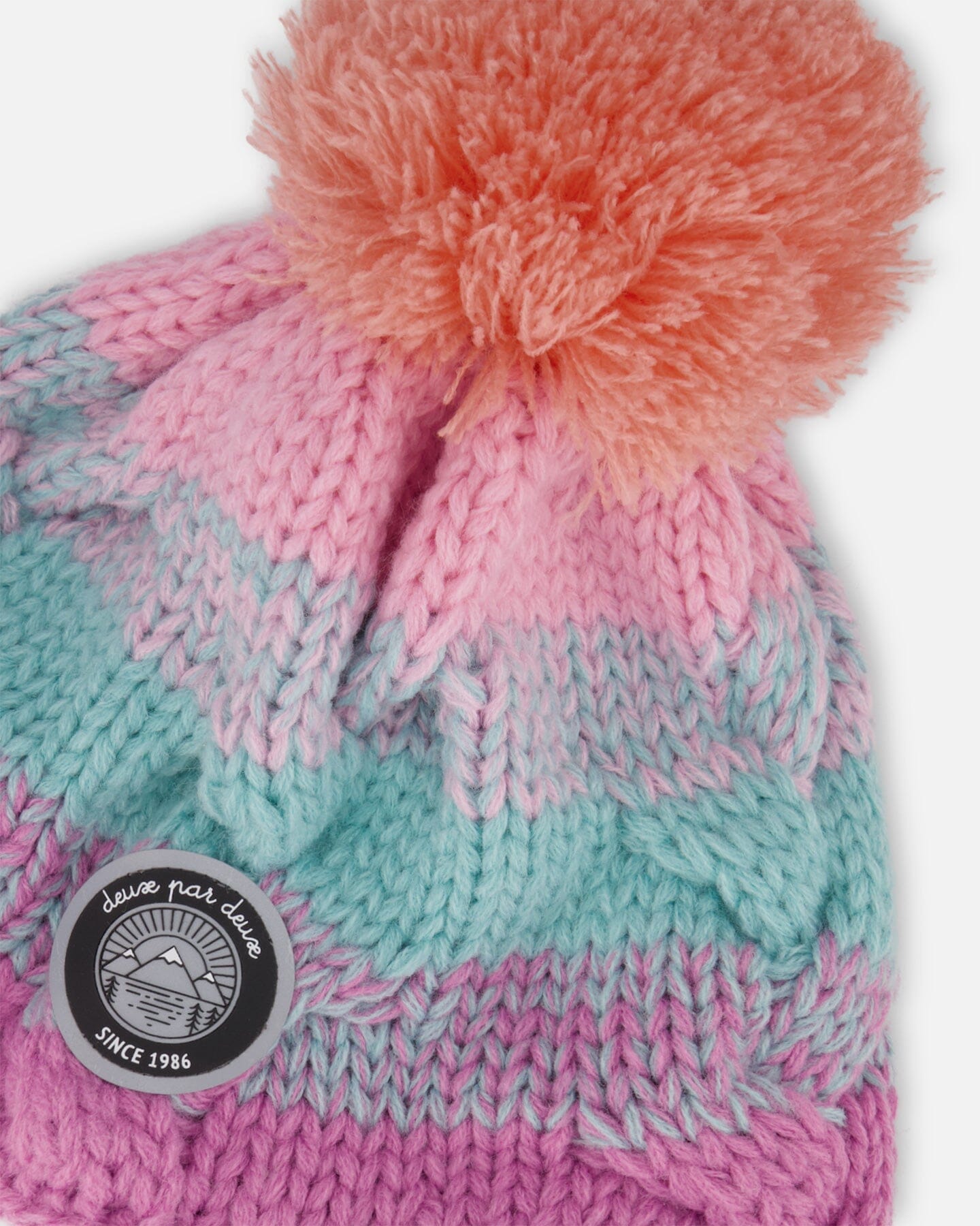 Lined Peruvian Knit Pompom Hat Pink, Orange And Turquoise-2