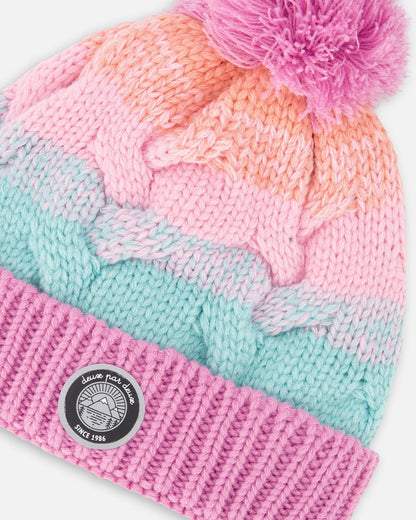 Lined Knit Pompom Hat Pink, Orange And Turquoise-3