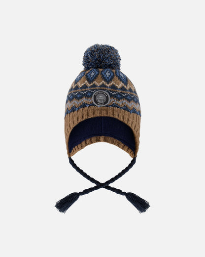 Lined Peruvian Knit Pompom Hat Taupe And Navy-0