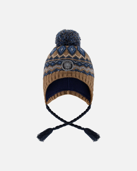 Lined Peruvian Knit Pompom Hat Taupe And Navy-0