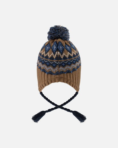 Lined Peruvian Knit Pompom Hat Taupe And Navy-2