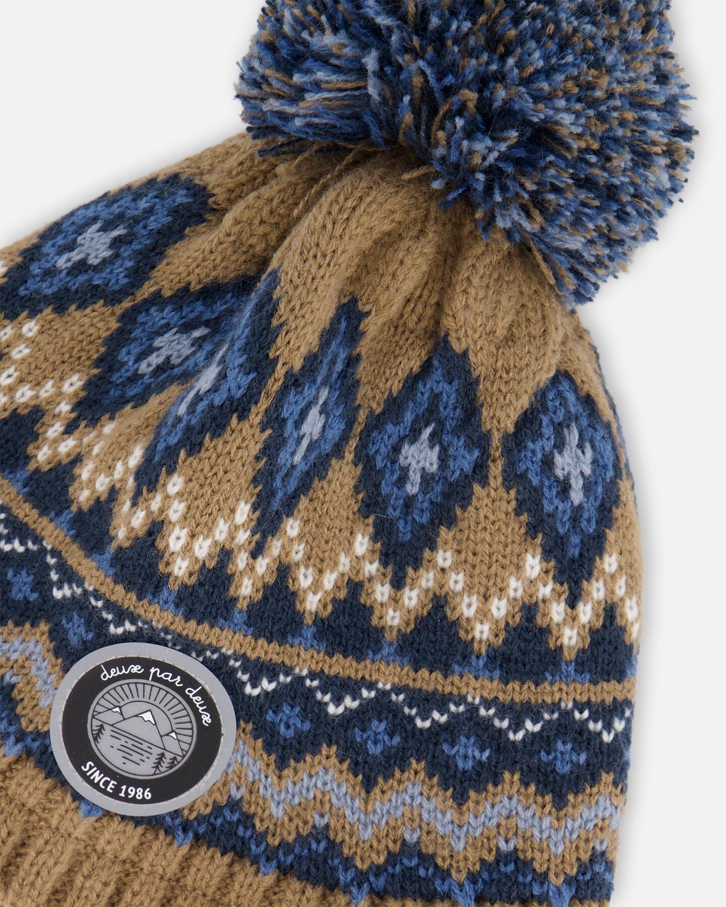 Lined Peruvian Knit Pompom Hat Taupe And Navy-3