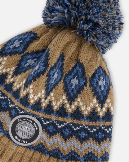 Lined Peruvian Knit Pompom Hat Taupe And Navy-3