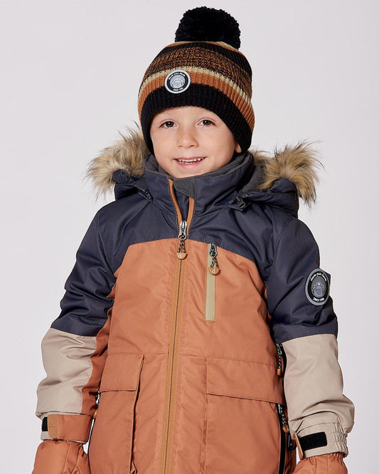 Lined Knit Pompom Hat Black And Ocher-1