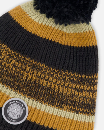 Lined Knit Pompom Hat Black And Ocher-3