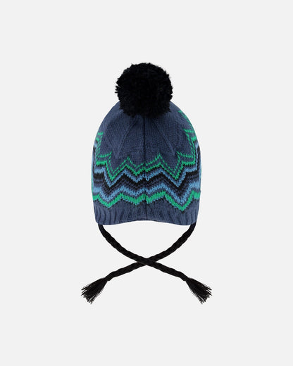 Lined Peruvian Knit Pompom Hat Black And Blue-2