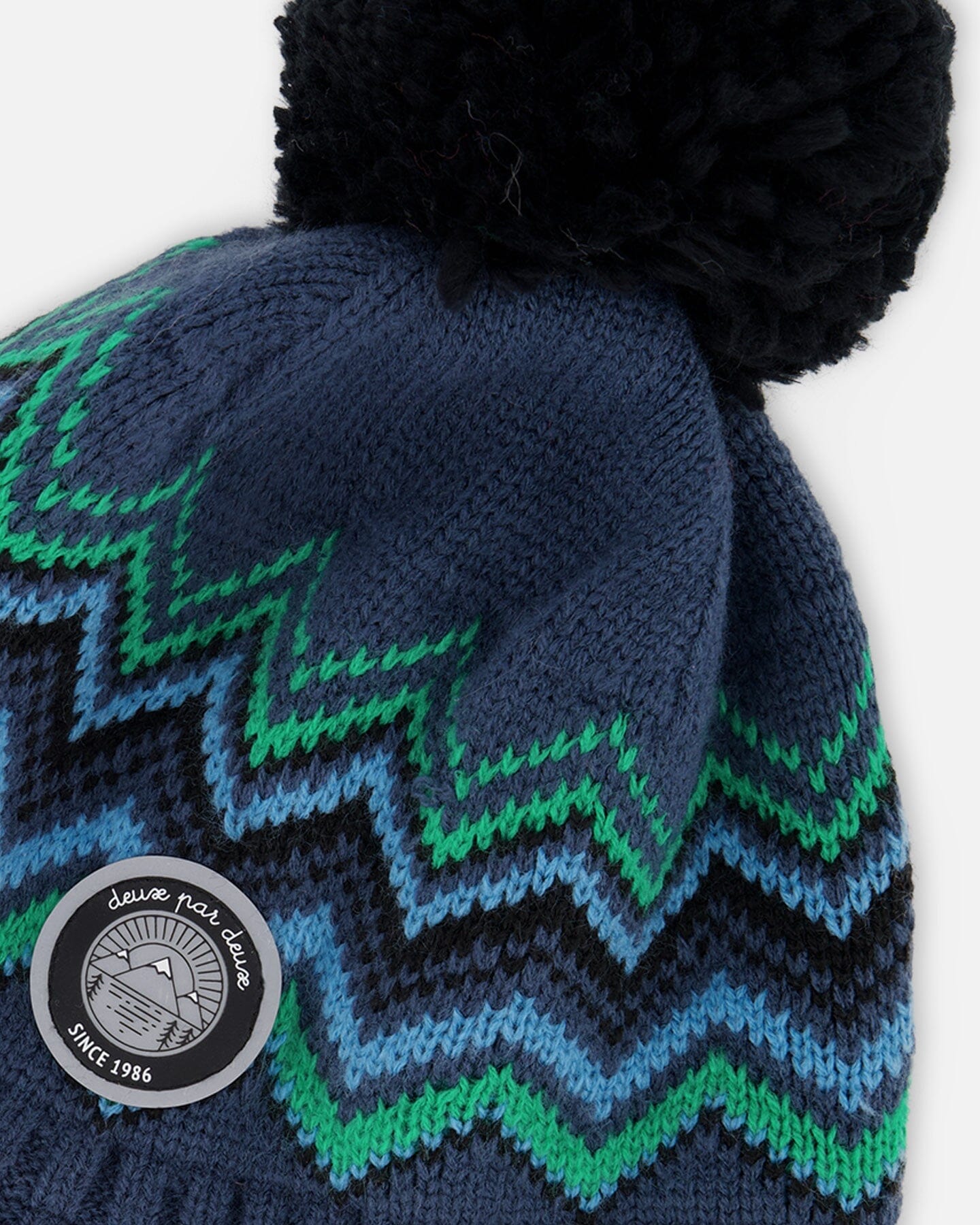 Lined Peruvian Knit Pompom Hat Black And Blue-3