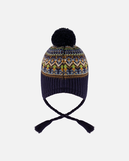 Lined Peruvian Knit Hat With Pompom Taupe And Navy-3