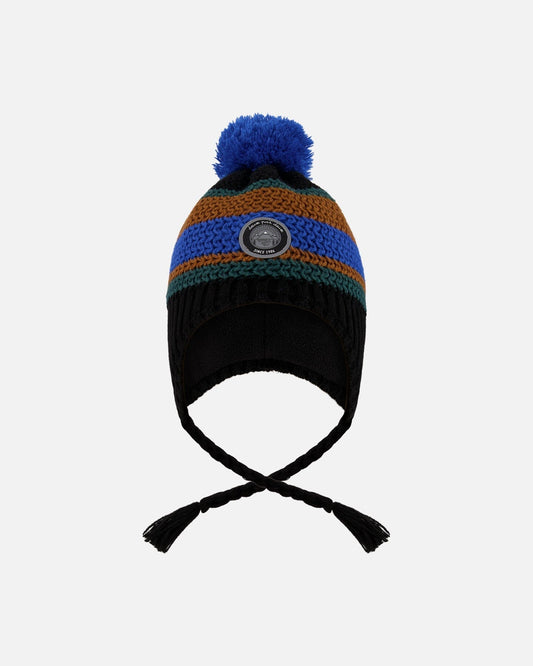Lined Peruvian Knit Pompom Hat Black, Blue And Brown-0