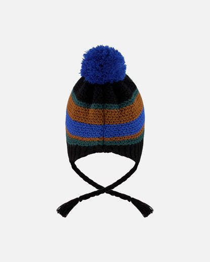Lined Peruvian Knit Pompom Hat Black, Blue And Brown-3